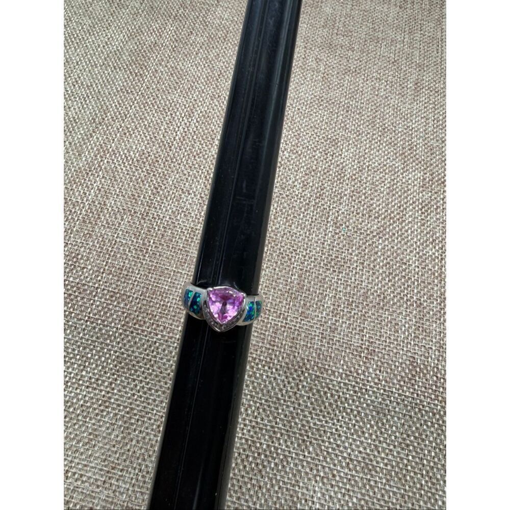 Sterling Silver Trillion-Cut Pink Stone Ring with Lab Opal Inlay – Size 7.25 Est